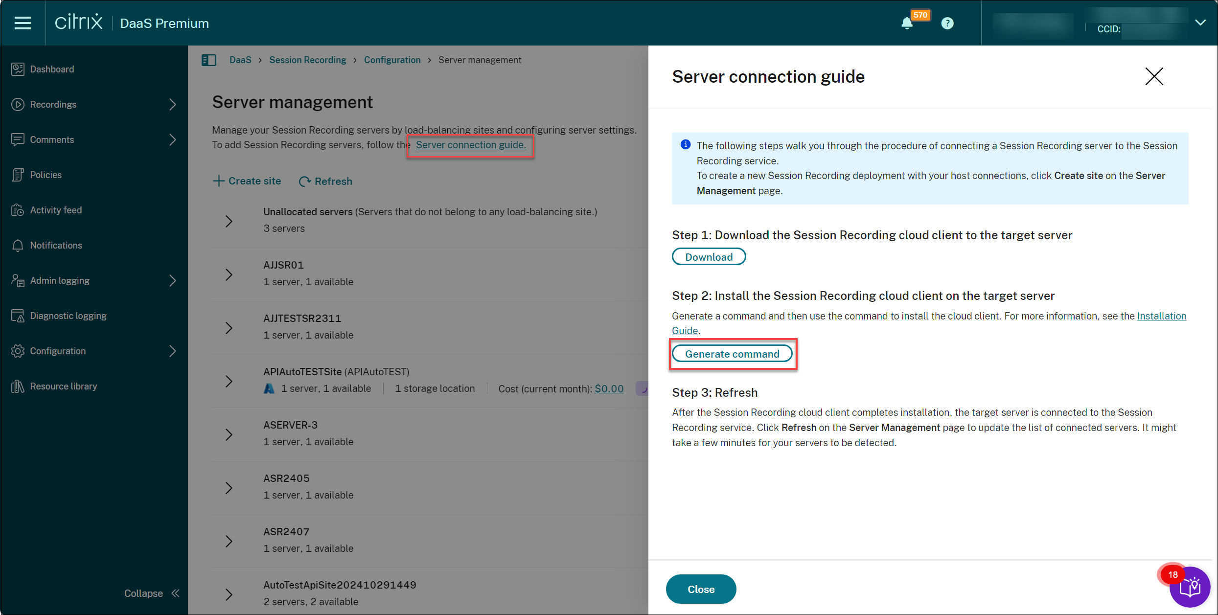The Generate command button on the Server connection guide page