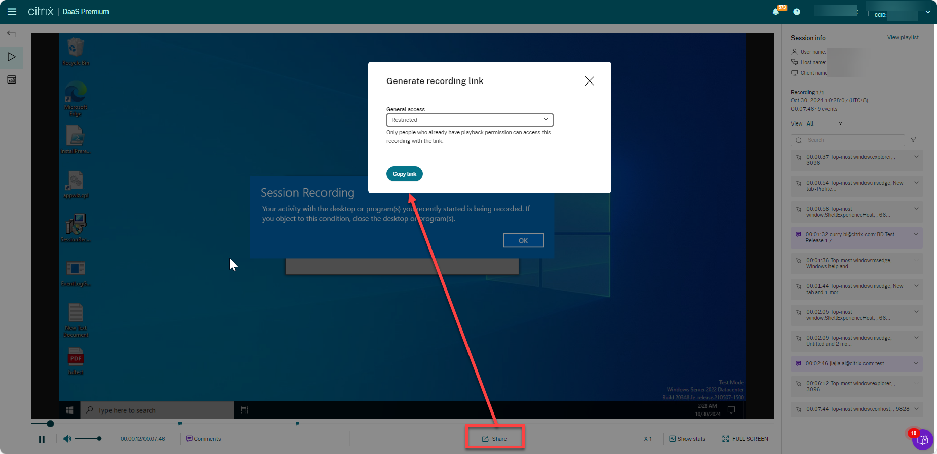 Generate recording link dialog