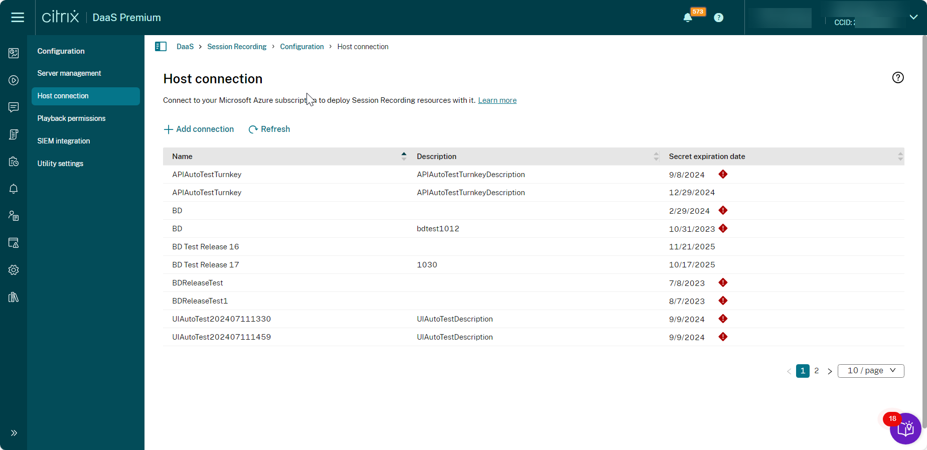Host Connection page
