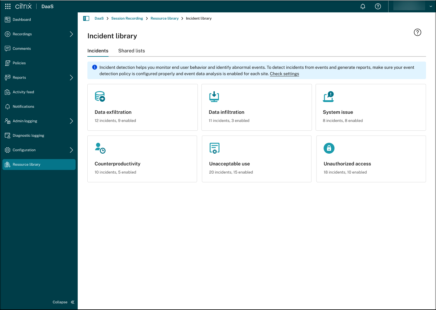 Incident library page