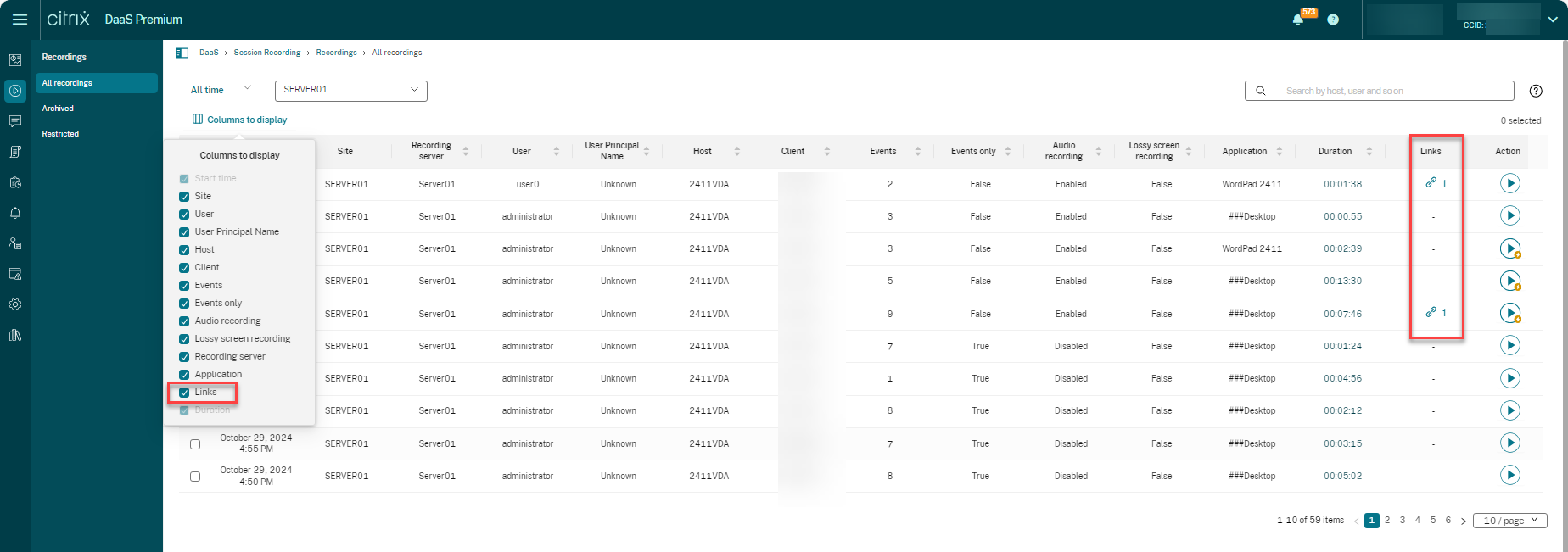 Manage Links on the All Recordings page