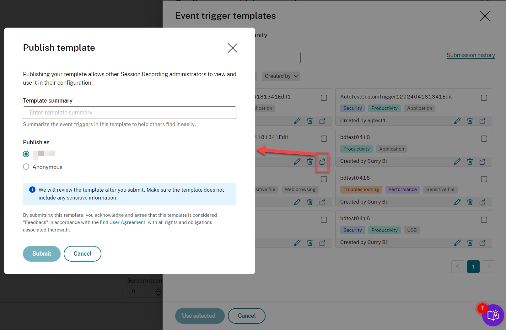 Publish an event trigger templates