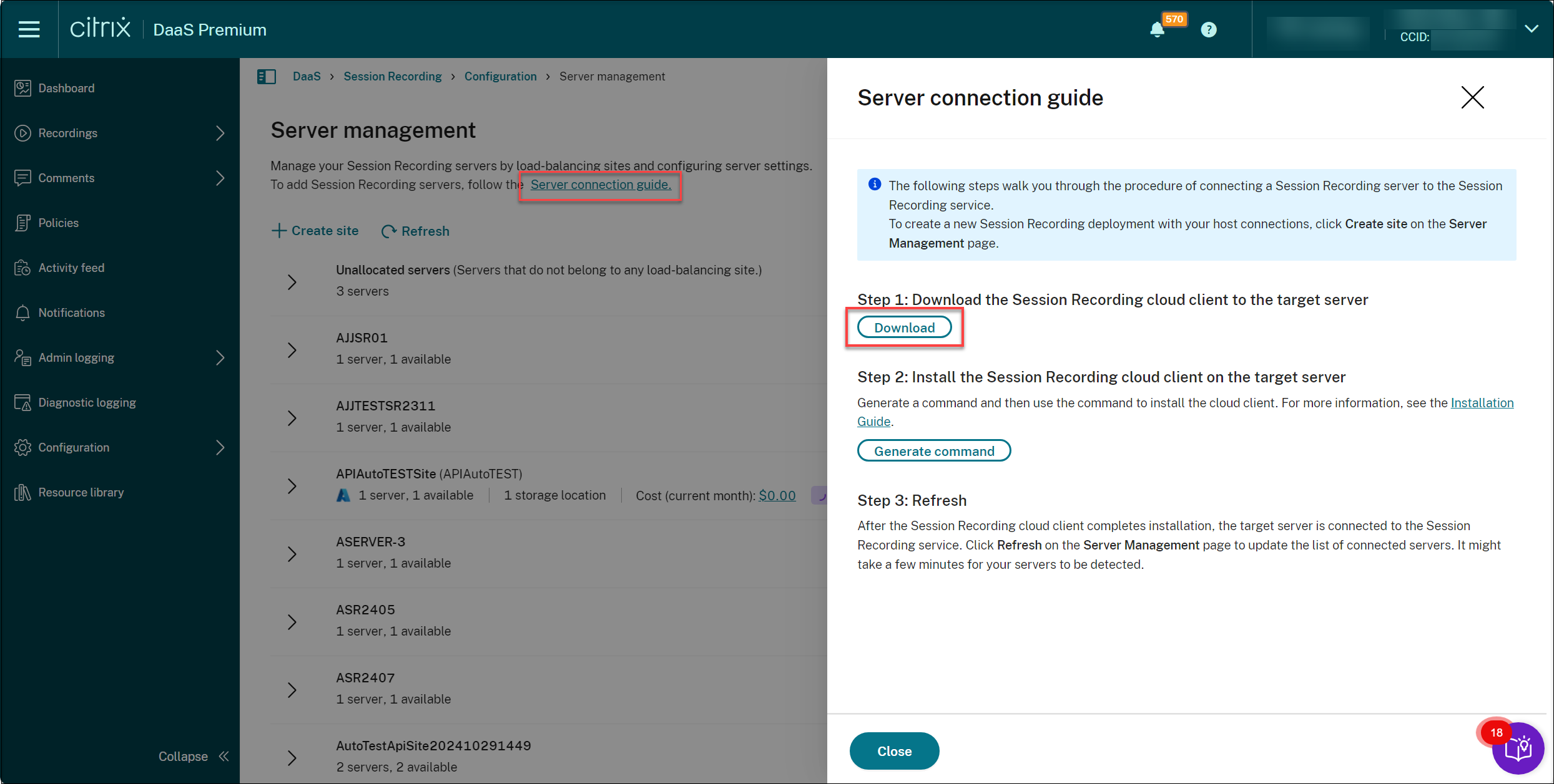 The server connection guide page