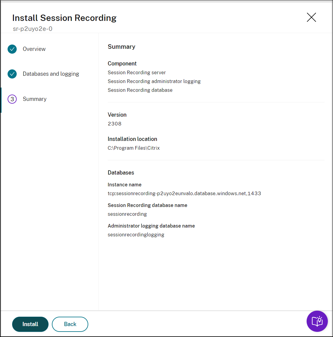 Server installation summary
