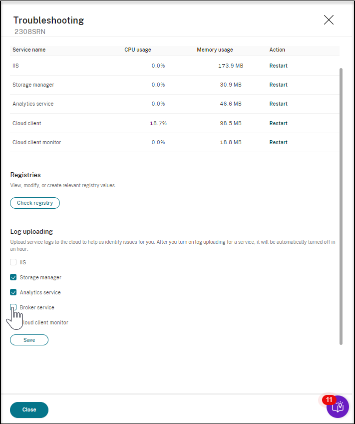 Selecting services to upload logs about them