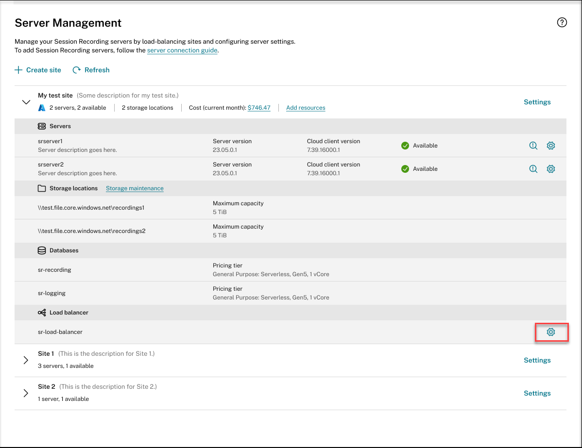 The Settings button for the load balancer