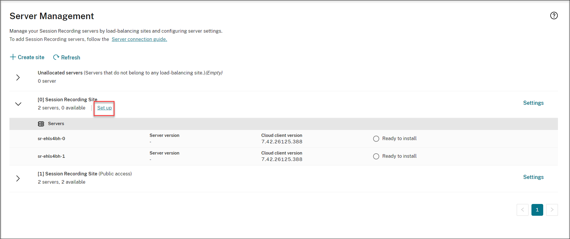 Setup button next to the new site
