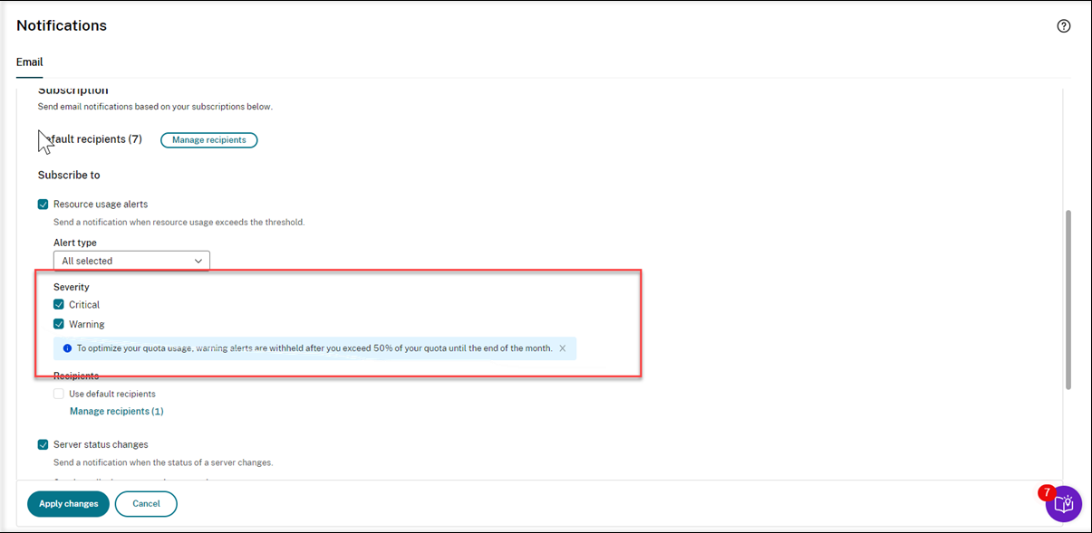 Specify the severities of resource usage alerts