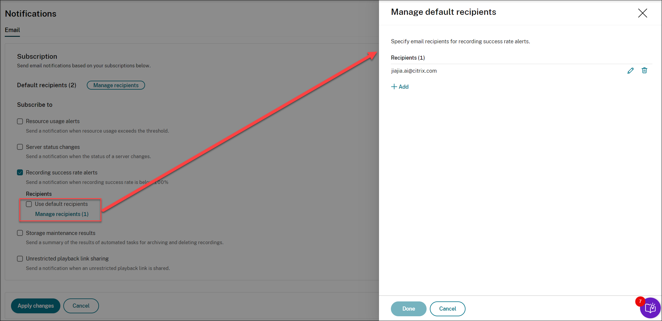 Specify recipients for a subscribed category