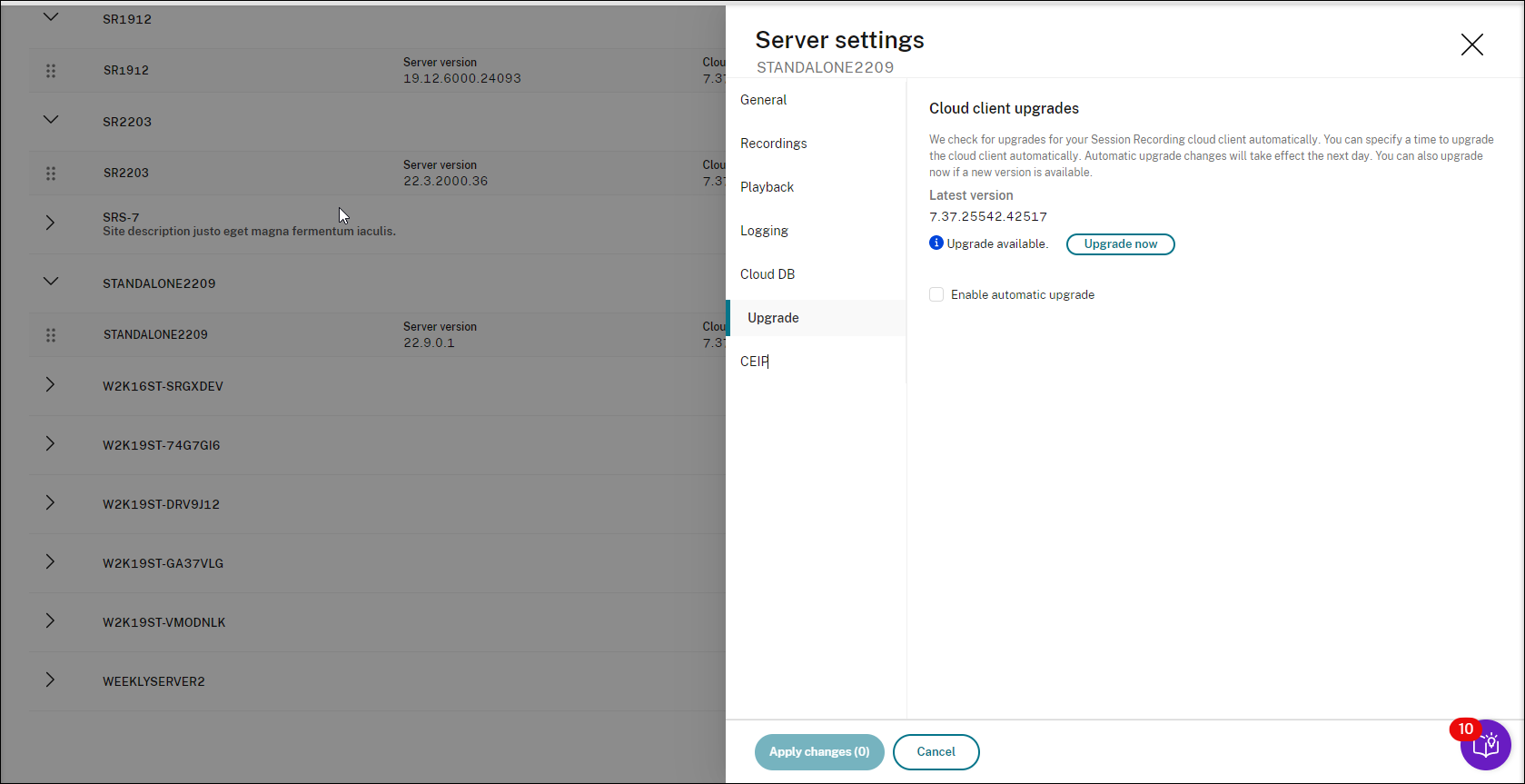 The Cloud client upgrades page