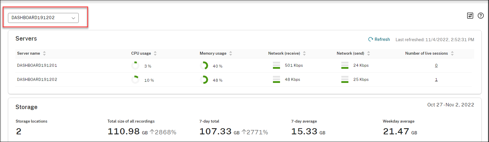 A sample Session Recording management dashboard