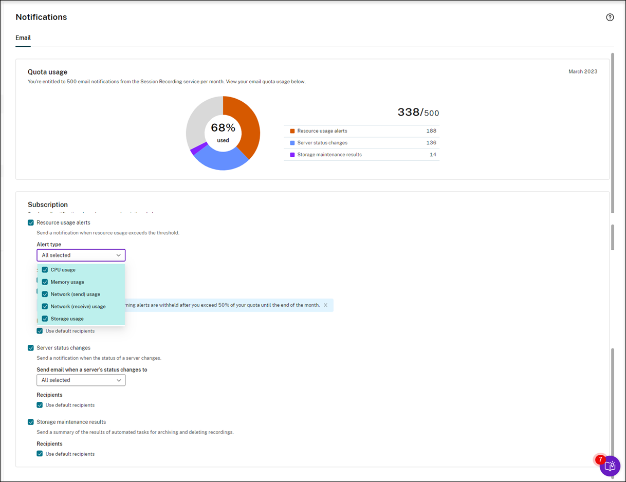 Specify the types of resource usage alerts