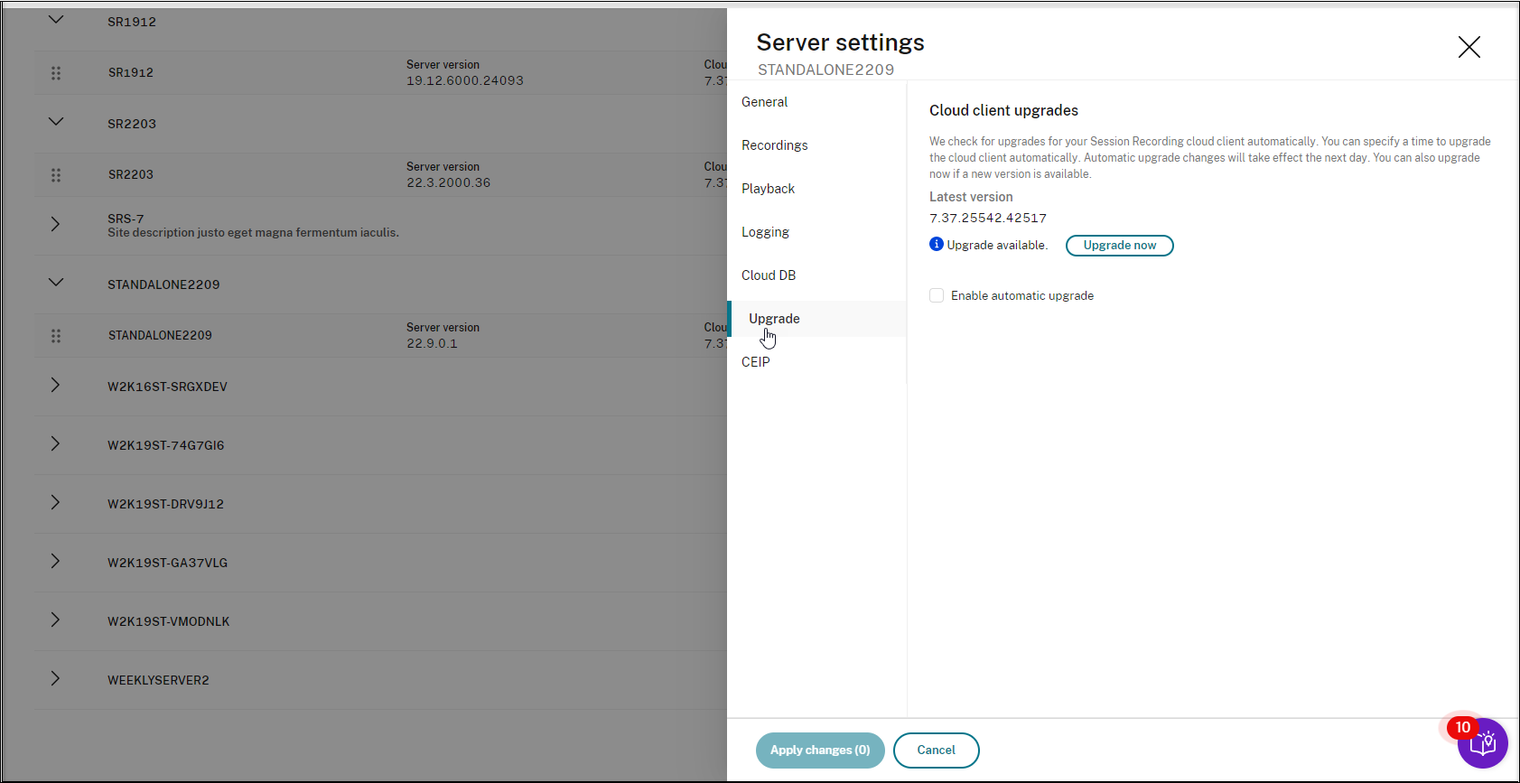 Upgrade menu in the left navigation