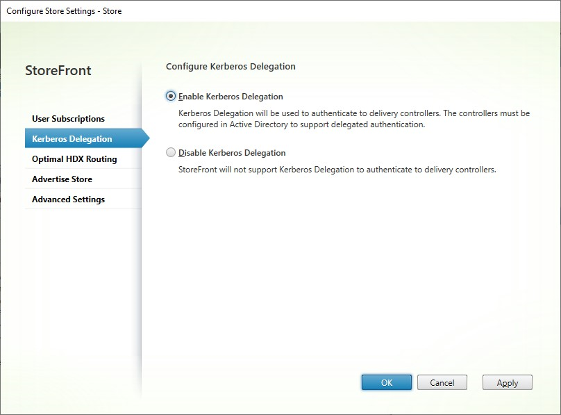 Screenshot of Configure Store Settings window Kerberos Delegation tab