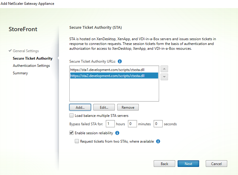 Screenshot of Add Citrix Gateway Appliance window, Secure Ticket Authority section