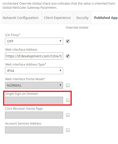 Screenshot of netscaler policy screen, published app tab