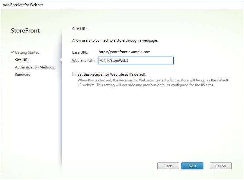 Screenshot of Add Receiver for Web site screen, Site URL tab