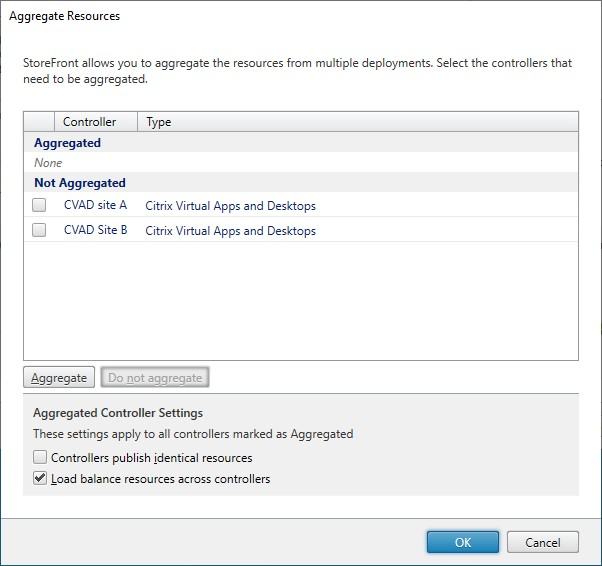 Screenshot of Aggregate Resources screen with no sites aggregated