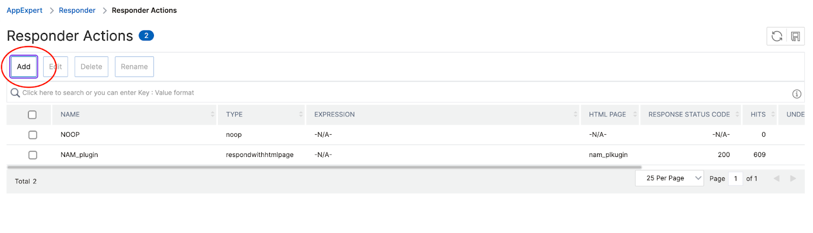 Screenshot of responder actions with Add highlighted