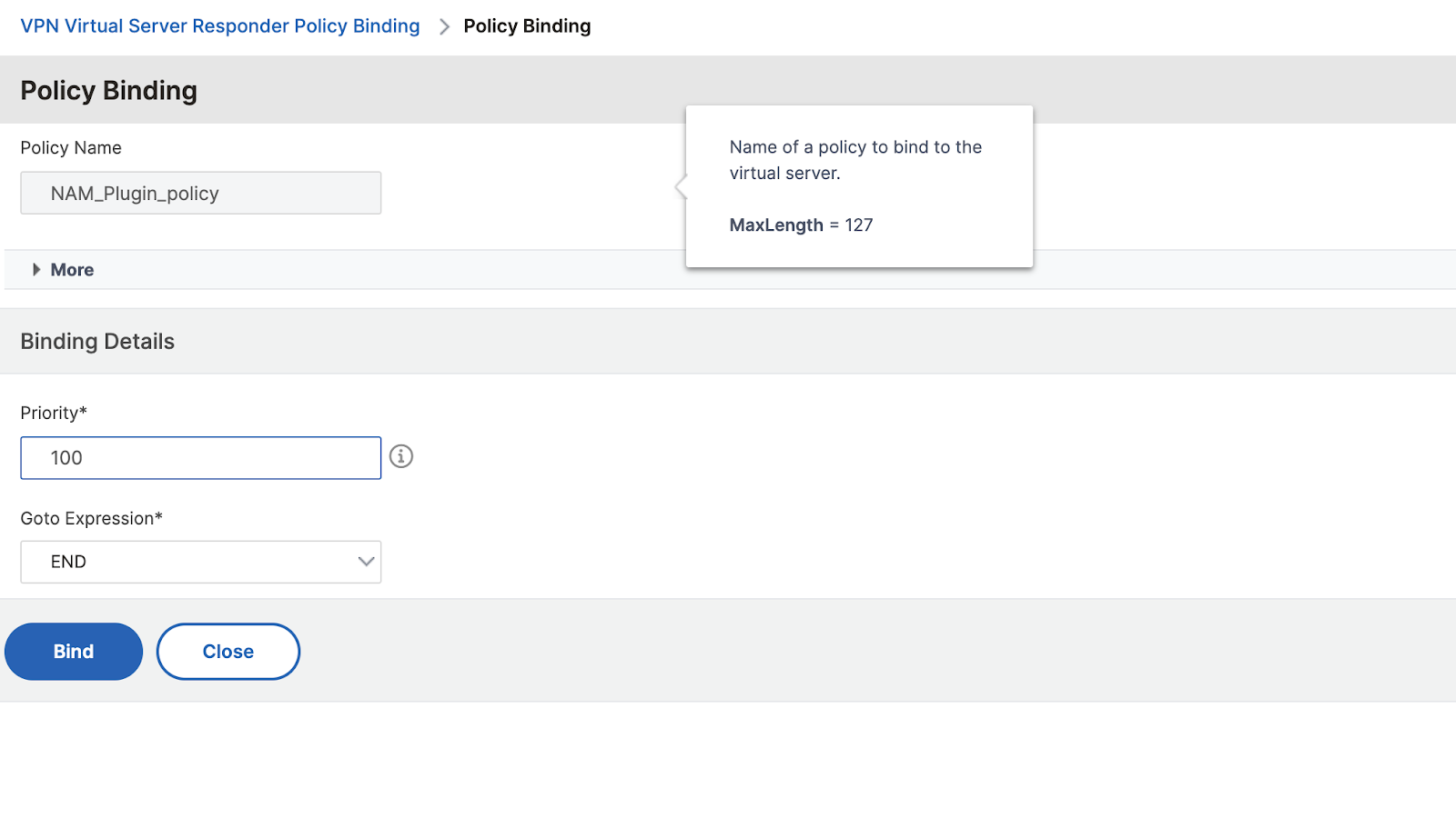 Screenshot of VPN Virtual Server Responder Policy Binding