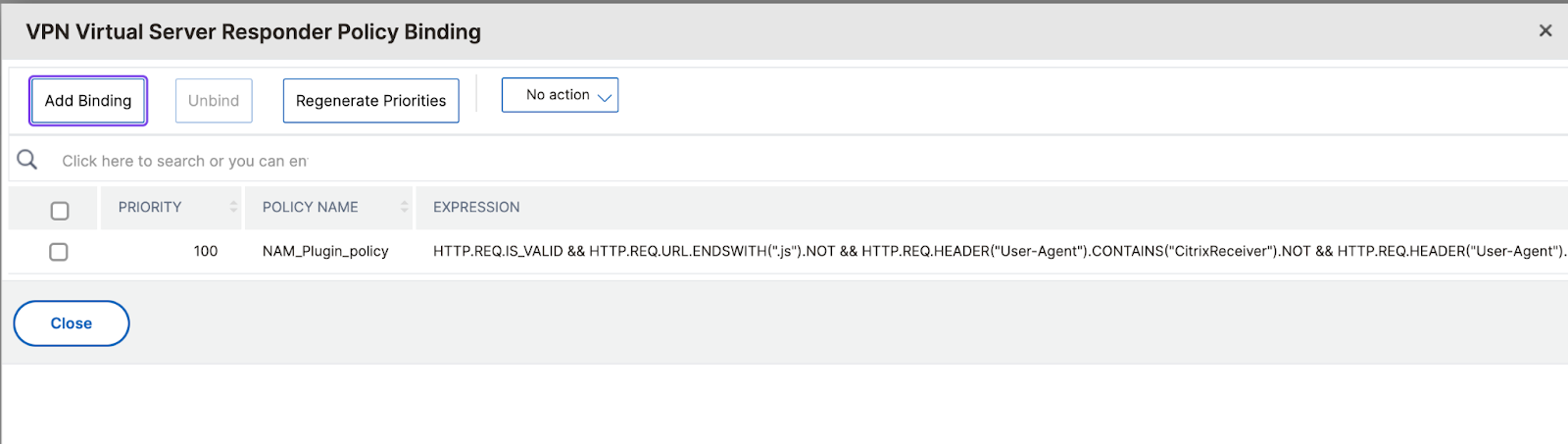 Screenshot of VPN Virtual Server Responder Policy Binding