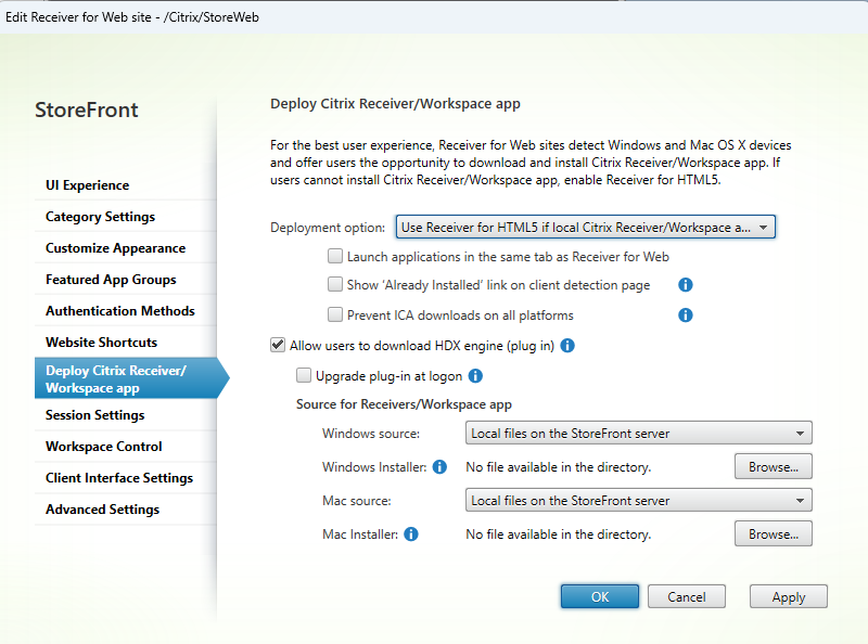 Screenshot of Deploy Citrix Workspace app tab