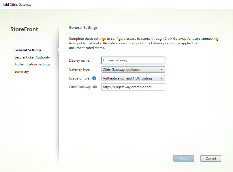 Screenshot of Add Gateway Appliance screen general settings tab