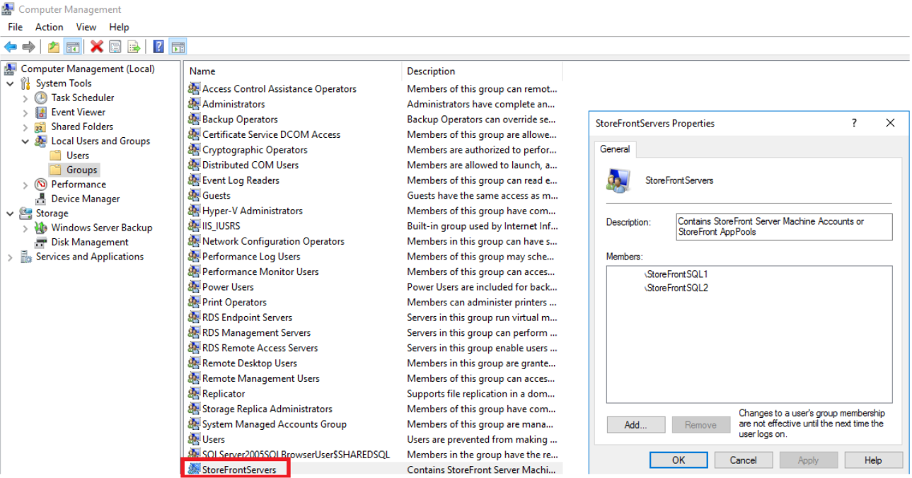 StoreFrontServers security group screenshot