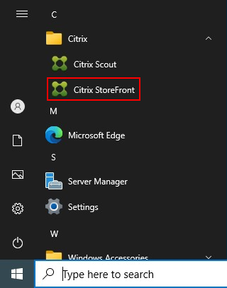 Screenshot of start menu with StoreFront highlighted