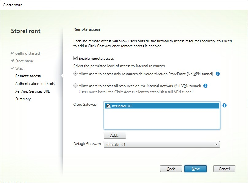 Screenshot of Create Store window Remote Access tab