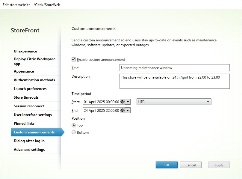 Screenshot of custom announcements tab