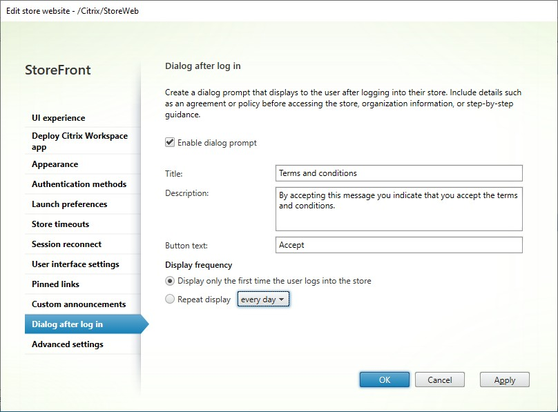 Screenshot of Dialog after log in tab