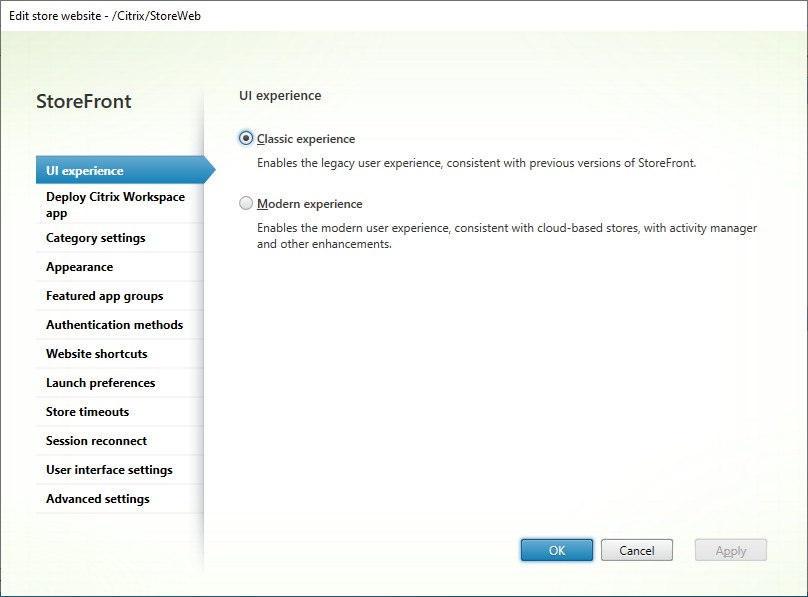 Screenshot of UI experience tab
