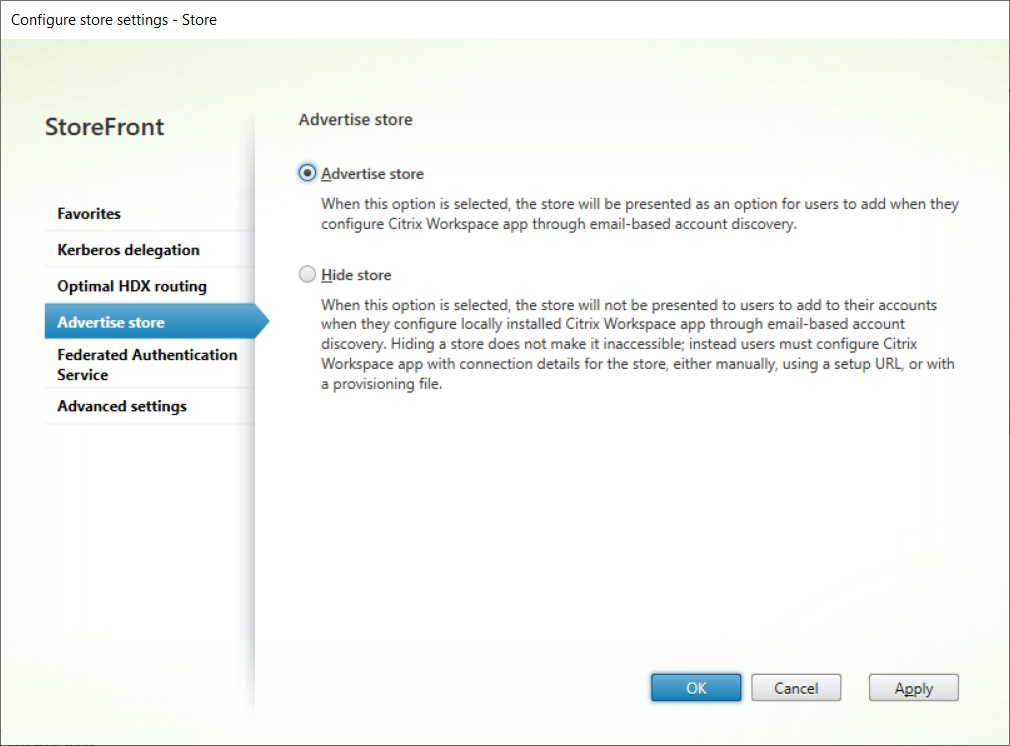 Screenshot of Configure Store window Advertise store tab
