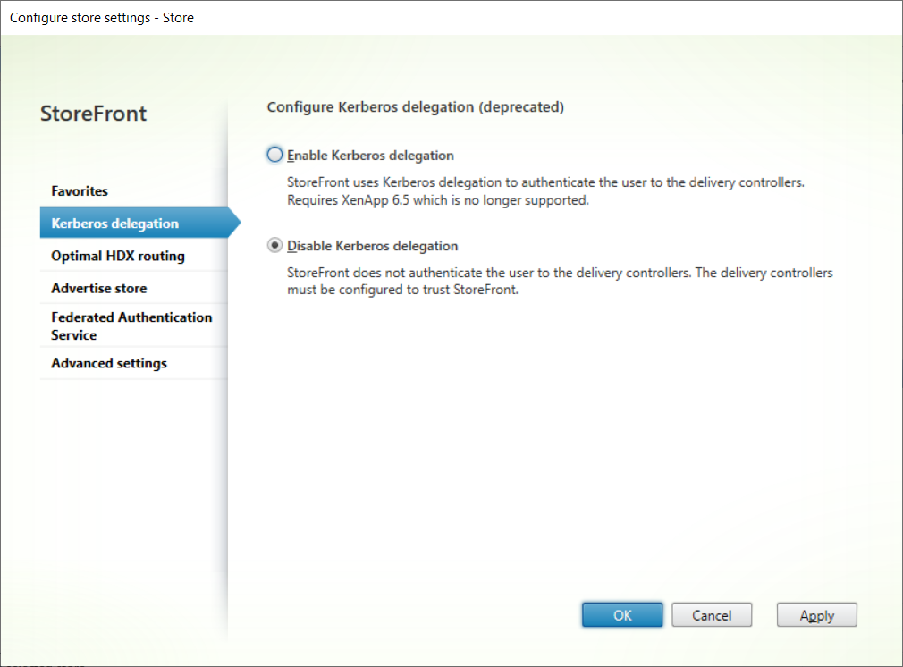 Screenshot of Configure Store Settings window Kerberos Delegation tab