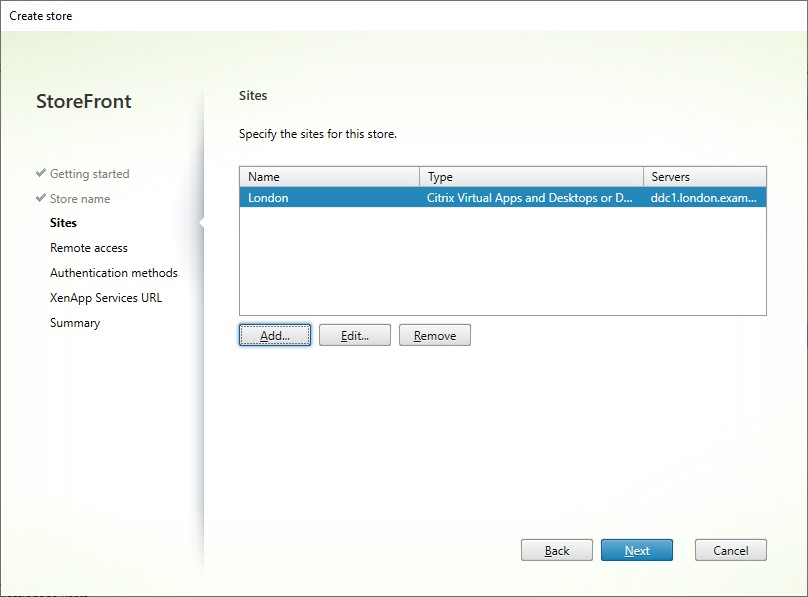 Screenshot of Create Store window site tab