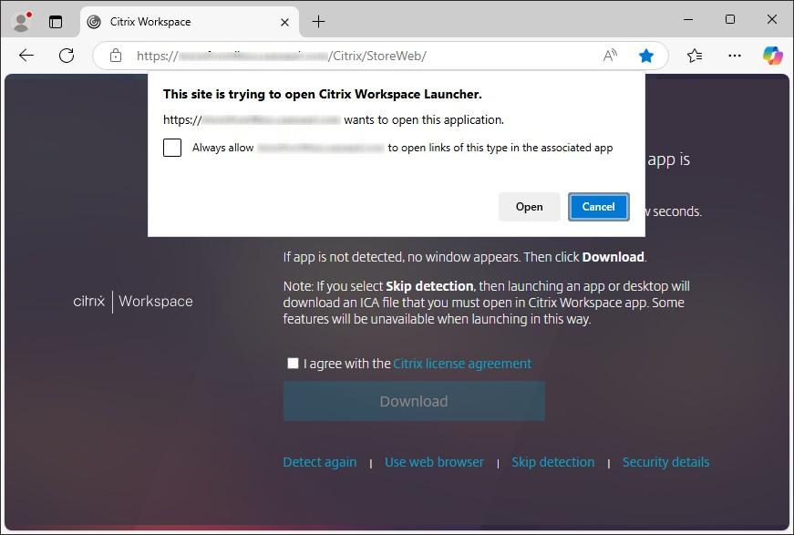 Screenshot of client detection permission pop-up window