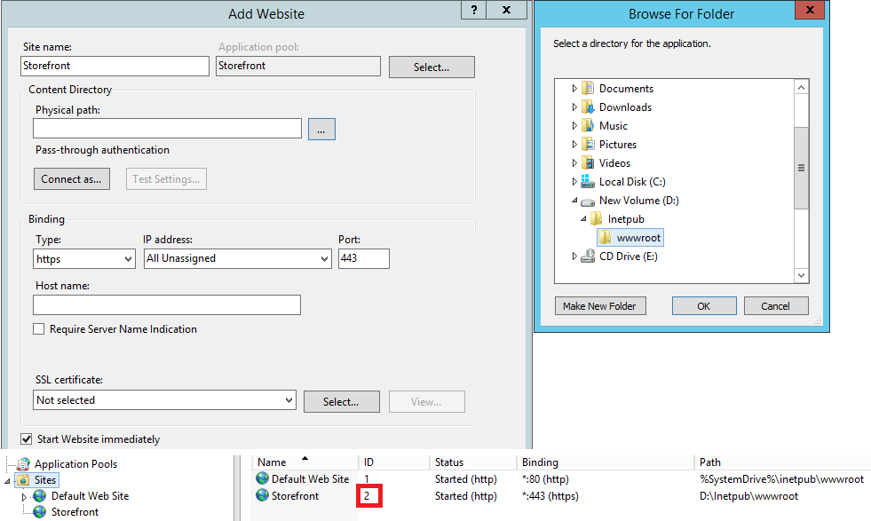 Screenshot of IIS Add Website window