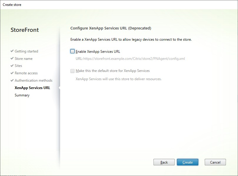 Screenshot of Create Store window XenApp Services tab