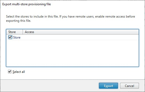 Screenshot of export multi store provisioning file screen