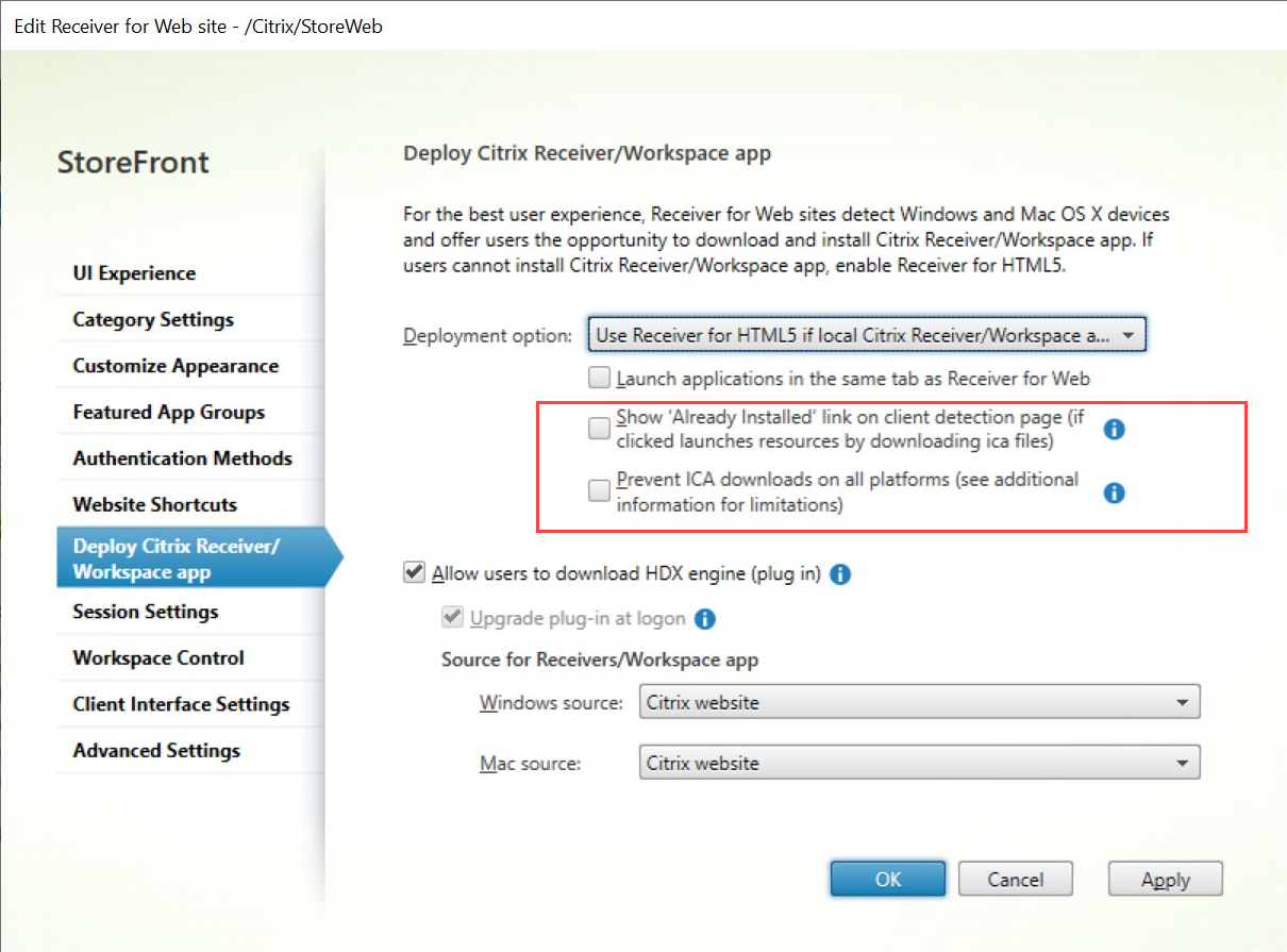 Prevent ica download settings