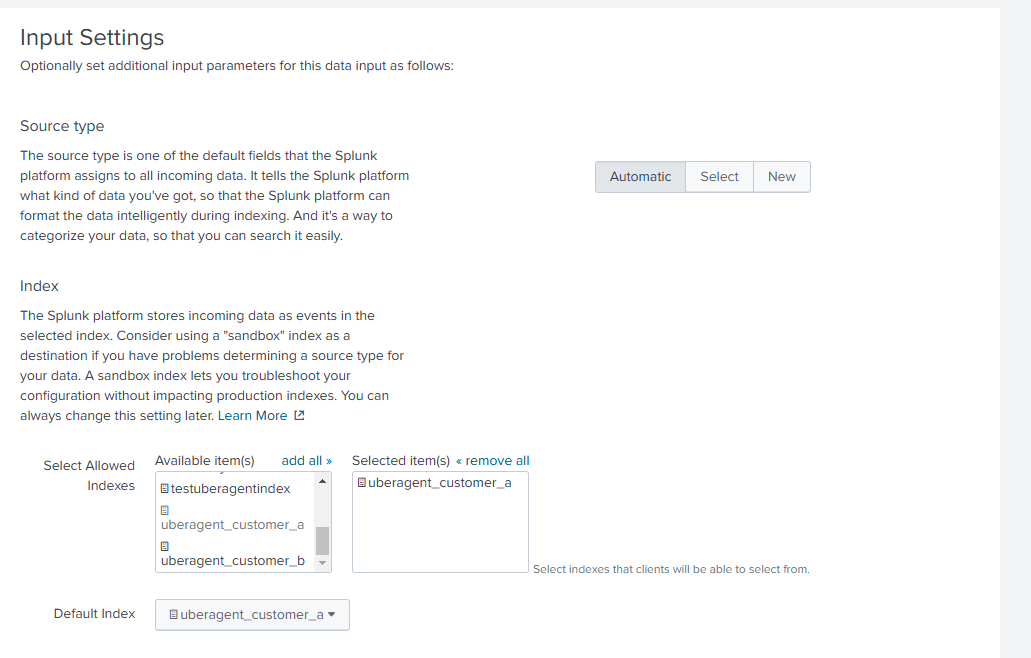 Splunk HEC input settings