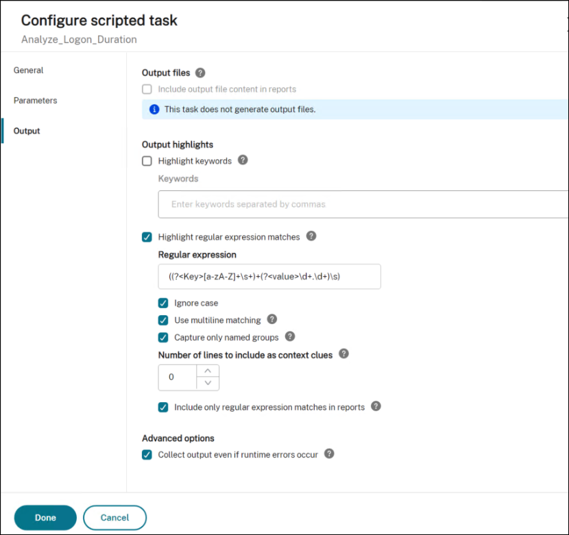 Configure the scripted task in Output