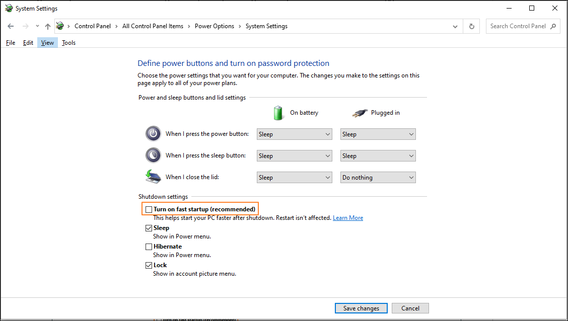 Turn off Windows fast startup