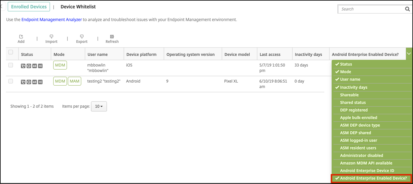 Android Enterprise device list