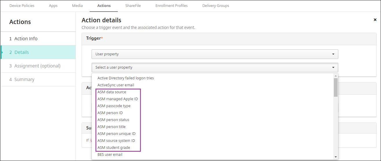 Actions configuration screen