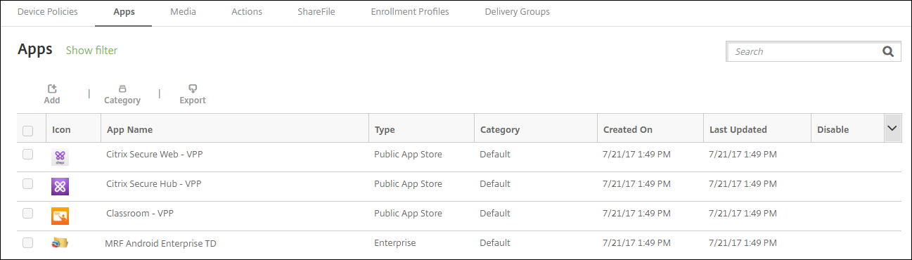 Apps configuration screen
