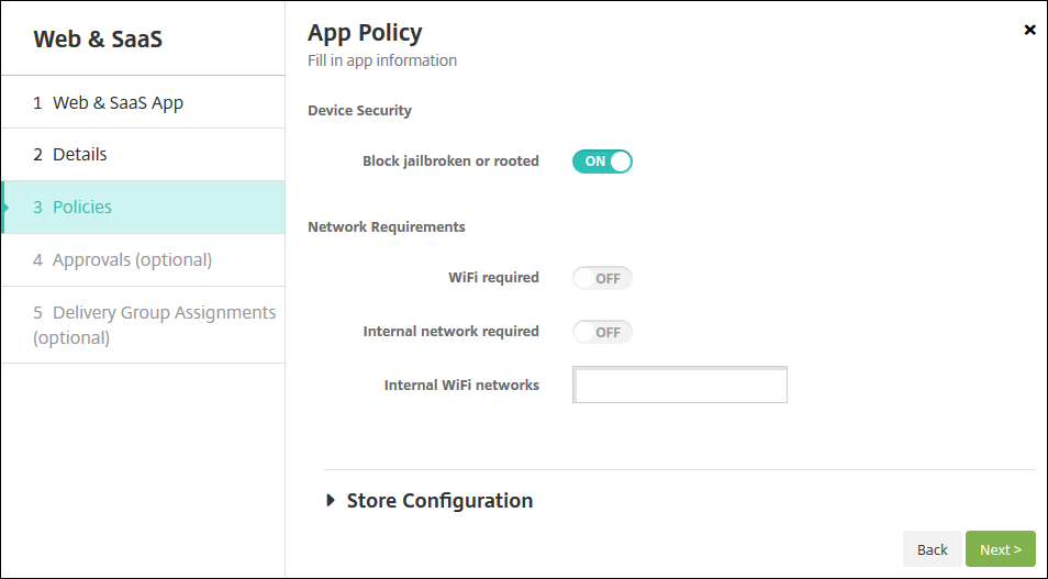Apps configuration screen