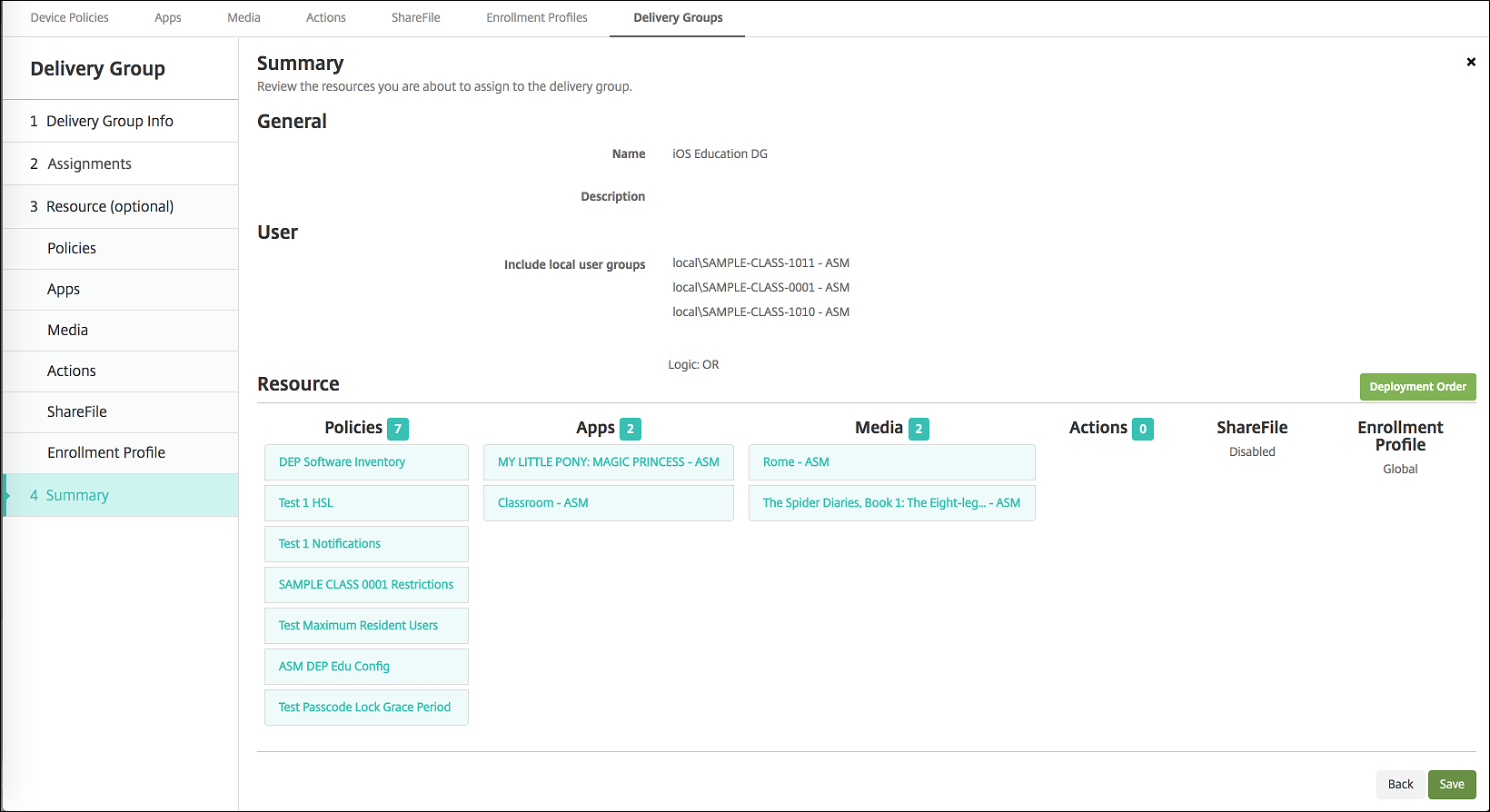 Delivery Group configuration screen
