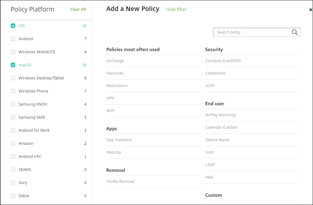 Image of Device Policies configuration screen